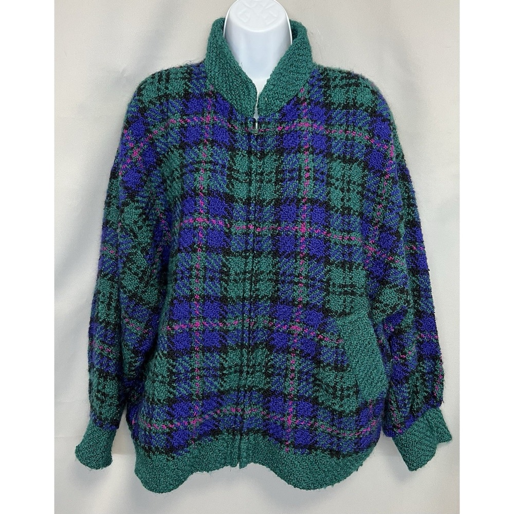 90s Boyne Valley‎ Weavers Handmade Ireland Plaid Wool Cardigan Sweater Large Y2K